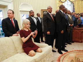 U.S. President Donald Trump, right, meets with leaders of Historically Black Colleges and Universities (HBCU) in the Oval Office of the White House in Washington, Monday, Feb. 27, 2017.   (AP Photo/Pablo Martinez Monsivais)