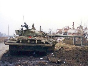 A destroyed tank during the battle of Vukovar is pictured in this photo taken during the Yugoslav wars. (Peter Denton/via Wikipedia)