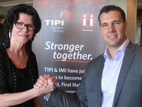 TIPI Insurance Partners CEO Nathan Ballantyne (R) celebrates his company's merger with IMI Brokerage Company founder Joan Barmby-Halcro (L). Together, they have formed the largest Indigenous-owned insurance agency in Canada. (HANDOUT)