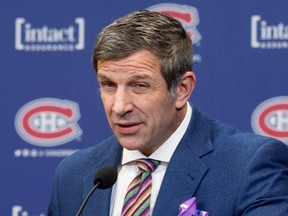 Montreal Canadiens general manager Marc Bergevin pauses as he comments on the team's coaching change during a press conference, in Brossard, Que., on Feb. 15, 2017. (The Canadian Press)
