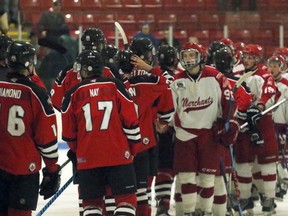 The Norwich Merchants and Ayr Centennials shake hands at the end of Game 4 in Norwich, Ont. on Tuesday February 28, 2017 during their Provincial Junior Hockey League Doherty Division semifinal series. Ayr won 4-2 to complete their sweep of Norwich. (Greg Colgan/Woodstock Sentinel-Review)