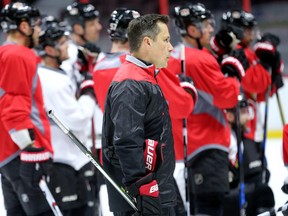 Ottawa Senators coach Guy Boucher during practice at the Canadian Tire Centre on March 1, 2017. (Julie Oliver/Postmedia)
