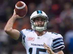 Toronto Argonauts' Ricky Ray looks for an open receiver before throwing the ball out of bounds during a CFL game against the B.C. Lions in Vancouver on July 7, 2016. (THE CANADIAN PRESS/Darryl Dyck)