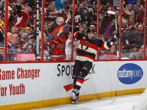 Alexandre Burrows #14 of the Ottawa Senators celebrates his second period goal against the Colorado Avalanche during an NHL game at Canadian Tire Centre. (Getty Images)