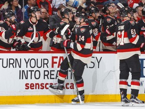 Alexandre Burrows of the Ottawa Senators celebrates his first goal as an Ottawa Senators at the bench with teammates in a game against the Colorado Avalanche at Canadian Tire Centre on March 2, 2017 in Ottawa. (Francois Laplante/Freestyle Photography/Getty Images)