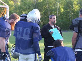 Sudbury Spartans head coach Junior Labrosse talks strategy during team practice in Sudbury, Ont. on Tuesday May 31, 2016. Gino Donato/Sudbury Star/Postmedia Network