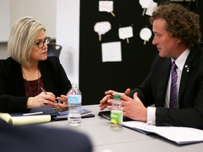 Ontario NDP leader Andrea Horwath sat down with local Oxford County leaders, including Woodstock mayor Trevor Birtch, to discuss her party's new plan to reduce hydro rates and the county's many sustainability initiatives. (BRUCE CHESSELL/Sentinel-Review)