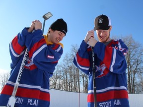 The Stony Plain Flyers have pulled off two upsets in the CJHL playoffs so far this winter with strong performances from goaltender Luke Hall (left) and a resilient team effort from four lines of solid depth, including forward Sean Nault (right). - Photo by Mitch Goldenberg, Reporter/Examiner