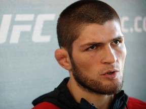 Khabib Nurmagomedov speaks with the media during a news conference for UFC 209 on March 2, 2017, in Las Vegas. (AP Photo/John Locher)