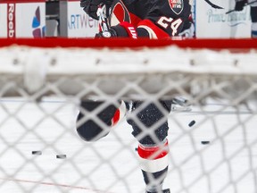 Viktor Stalberg of the Ottawa Senators shoots at the net during warmup prior to an NHL game against the Colorado Avalanche at Canadian Tire Centre on March 2, 2017. (Francois Laplante/Freestyle Photography/Getty Images)