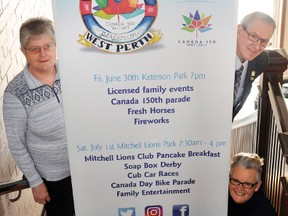 West Perth’s Canada 150 Committee Chair Pat Taylor (left) pose with the new branding banner created for this year’s local celebration later this year along with Mayor Walter McKenzie (top, right) and Branding Committee Chair Michele Nicholson. The banner, created by Shawn Snyders of Snyders Graphics, is currently on display at the municipal building in Mitchell but will make appearances downtown as well as various community events until the big party this summer. ANDY BADER/MITCHELL ADVOCATE