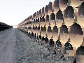 Hundreds of kilometres of pipes stacked that are supposed to go into the Keystone XL pipeline. (THE CANADIAN PRESS/Alex Panetta)