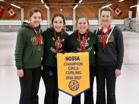 Kira Brunton, left, Sydnie Stinson, Jessica Leonard and Abby Deschene, of Lockerby Composite School, are the girls NOSSA curling champions. John Lappa/Sudbury Star