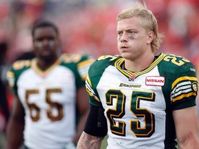 Edmonton Eskimos' Mike Miller, right, reacts to the team's loss to the Calgary Stampeders following second half CFL football action in Calgary, Alta., Monday, Sept. 2, 2013. The Winnipeg Blue Bombers signed veteran Canadian fullback Mike Miller on Friday.The six-foot, 215-pound native of Riverview, N.B., spent six seasons with the Edmonton Eskimos before being released Wednesday. Miller had a CFL-high 27 special-teams tackles last season. THE CANADIAN PRESS/Jeff McIntosh