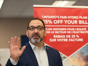 Minister of Energy and Sudbury MPP Glenn Thibeault highlights Ontario's Fair Hydro Plan during a press conference in Sudbury, Ont. on Friday