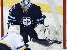 Winnipeg Jets goalie Connor Hellebuyck recorded a clean sheet last night, stopping 29 St. Louis shots.  (The Canadian Press)