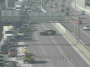 Traffic is redirected following a crash on the Queensway Saturday morning. MTO SCREEN CAPTURE