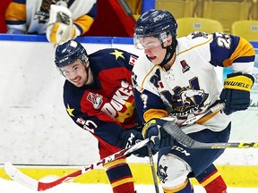 Colin Doyle of the Wellington Dukes scored the O.T. game-winner Friday night at Essroc Arena where Dukes took a 2-0 lead over the Whitby Fury in their first-round playoffs series with a 3-2 victory. (Ed McPherson/OJHL Images)