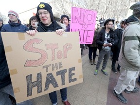 A group of about 250 gathered at City Hall in Winnipeg to oppose a protest by the Canadian Coalition of Concerned Citizens against private member's bill M-103. Saturday, March 04, 2017. Chris Procaylo/Winnipeg Sun/Postmedia Network