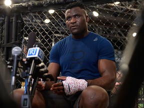 Francis Ngannou speaks to the media in the TUF Gym on March 2, 2017 in Las Vegas, Nevada. (Photo by Brandon Magnus/Zuffa LLC/Zuffa LLC via Getty Images)