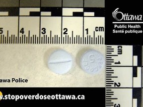 Image of pills contaminated with fentanyl pressed to resemble percocet prescription medication. Image supplied by Kingston, Frontenac, Lennox and Addington Public Health