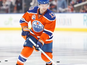 David Desharnais #13 of the Edmonton Oilers warms up before his first game in an Oilers sweater against the Detroit Red Wings on March 4, 2017 at Rogers Place in Edmonton.