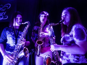 Supplied photo 
Saxophonists Kimberley Cote, left, Jasmine Cote and Kayla Ferland Charette rehearse for the Evolutionary Band’s concert on Friday, marking the launch of the 2017 concert season. Supplied photo