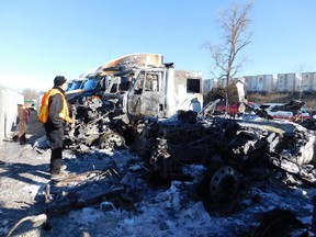 A late-night fire at Cooney Transport on Bellevue Drive has left seven transport trucks in shambles. Four Cooney Transport Trucks and three Kriska Trucks were destroyed.  As well, four more Cooney Trucks trucks had their front ends damaged and windshields cracked from the extensive heat. Damage is estimated at more than $1 million. The fire is not suspicious in nature and there were no injuries, Quinte West Station 4 responded to the fire at 10:45 p.m. Saturday and quickly had it under control. Quinte West OPP attended as well.