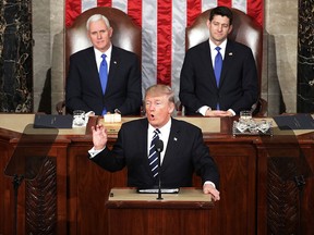 U.S. President Donald Trump addresses a joint session of the U.S. Congress as Vice-President Mike Pence (L) and House Speaker Rep. Paul Ryan (R) (R-WI) look on on Feb. 28, 2017 in the House chamber of the U.S. Capitol in Washington, D.C. (Chip Somodevilla/Getty Images)