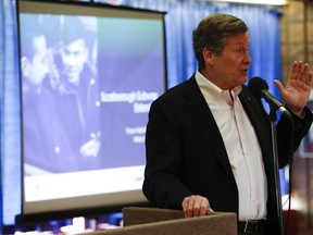 Toronto Mayor John Tory spoke to members of Toronto's Tamil community about the Scarborough subway during a stop Sunday at the Malvern Community Centre. (JACK BOLAND, Toronto Sun)