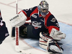 Windsor Spitfires goalie Mario Culina was pressed into a starting role on March 4, 2017 and responded with a 21-save performance in a 4-1 win over the London Knights. (TYLER BROWNBRIDGE / WINDSOR STAR)