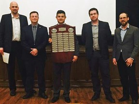 From left, judge Mark Tigchelaar, Dr. Nicholas Vlachopoulos, 2nd Lieut. Daniel Cruz, judge Dylan Hill and judge David Hodgson at RMC's Currie Hall on March 1. (Supplied photo)