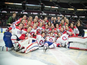 Les Canadiennes de Montreal pose for a team picture after defeating the Calgary Inferno for the 2017 Clarkson Cup at Canadian Tire Centre in Ottawa on Sunday March 5, 2017. (Ashley Fraser/Postmedia)