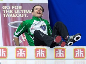 Saskatchewan skip Adam Casey takes a break during Draw 3 action against Alberta at the Tim Hortons Brier curling championship at Mile One Centre in St. John's on Sunday, March 5, 2017. (Andrew Vaughan/The Canadian Press)