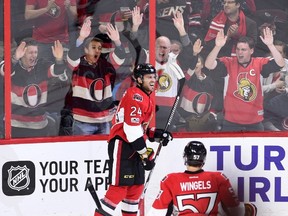 Senators left wing Viktor Stalberg (24) celebrates his goal as fans go wild during first period NHL action against the Blue Jackets in Ottawa on Saturday, March 4, 2017. (Sean Kilpatrick/The Canadian Press)