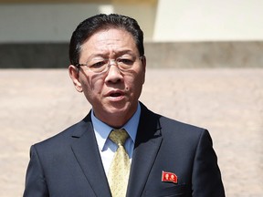 In this Feb. 20, 2017 file photo, North Korea's Ambassador to Malaysia Kang Chol speaks to the media outside the North Korean Embassy in Kuala Lumpur, Malaysia. Malaysian Deputy Prime Minister Ahmad Zahid Hamidi says the expulsion of North Korea’s ambassador was to warn Pyongyang that they cannot manipulate Malaysia’s investigation into Kim Jong Nam’s murder. The government on Saturday, March 4, 2017 declared Ambassador Kang Chol persona non grata and gave him 48 hours to leave the country after he refused to apologize over strong accusations against Malaysia. (AP Photo/Vincent Thian, File)