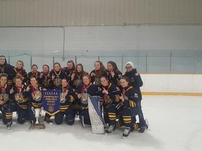 The College Notre Dame Alouettes girls hockey team won the SDSSAA city title and Game 1 of the NOSSA championships at the same time Monday morning in North Bay. Supplied photo