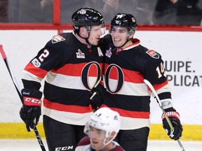 Ottawa Senators forward Alexandre Burrows celebrates a goal against the Colorado Avalanche with teammate Dion Phaneuf during an NHL game on March 2, 2017. (THE CANADIAN PRESS/Justin Tang)