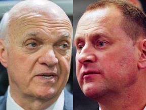 NHL GMs Lou Lamoriello and Brad Treliving, of the Toronto Maple Leafs and Calgary Flames (Postmedia)