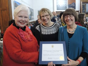 From left, Ontario Lt.-Gov. Elizabeth Dowdeswell, Christine Sypnowich, president, Barriefield Village Association, and Barb Carr, chair of the Barriefield 200th Anniversary Committee, at the Ontario Legislative Building in Toronto on Feb. 17. (David Craig/Supplied photo)