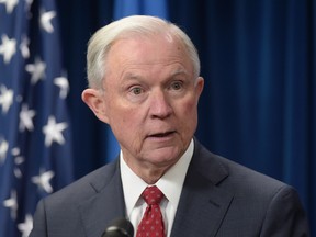Attorney General Jeff Sessions makes a statement on issues related to visas and travel at the U.S. Customs and Border Protection office in Washington on Monday, March 6, 2017. (AP Photo/Susan Walsh)