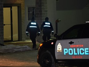 Police on the scene of a possible homicide at a low rise complex at 16235 51 St. in Edmonton, Monday, March 6, 2017. Ed Kaiser/Postmedia