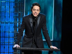 In this March 14, 2015, file photo, Pete Davidson speaks at a Comedy Central Roast at Sony Pictures Studios in Culver City, Calif. The "Saturday Night Live" cast member said on Instagram Monday, March 6, 2017, that he has quit drugs and is “happy and sober for the first time in 8 years.” (Photo by Chris Pizzello/Invision/AP, File)