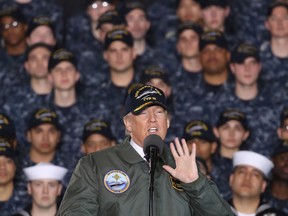U.S. President Donald Trump speaks to members of the U.S. Navy and shipyard workers on board the USS Gerald R. Ford CVN 78 that is being built at Newport News shipbuilding, on March 2, 2017 in Newport News, Virginia. The USS Ford is powered by two Nuclear reactors and is 1, 092 feet long with a 134 foot beam and can carry over 75 aircraft. (Photo by Mark Wilson/Getty Images)