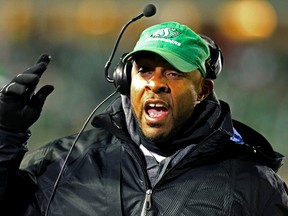 Corey Chamblin gives orders as head coach of the Saskatchewan Roughriders during the 101st CFL Grey Cup vs. the Hamilton Tiger-Cats at Mosaic Stadium on Sunday, Nov. 24, 2013. (Al Charest/Postmedia Network)