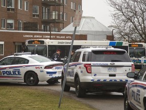 The London Jewish Community Centre at Huron and Adelaide received another bomb threat Tuesday March 7, 2017 at around 10am in the morning. Due to the inclement weather, the LTC dispatched three buses to shelter the seniors who live in the apartments at the centre. (MIKE HENSEN, The London Free Press)