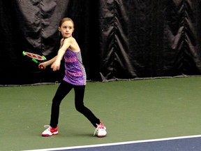 Abigail Gordon is pictured practicing in Port Huron recently. The Sarnia second-grader is one of 16 players in an Ontario Tennis Association training program for top provincial talent. (Submitted)