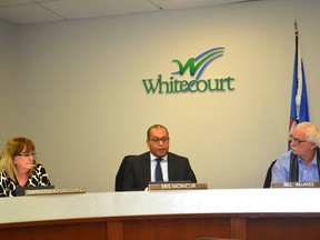 Whitecourt Town Council voted 5-2 at its Feb. 27 meeting to write a letter criticizing the federal oil tanker ban on the north coast of British Columbia. Left to right: Councillors Darlene Chartrand and Eris Moncur, who voted against the motion, and Coun. Bill McAree, who voted in favour (Jeremy Appel | Whitecourt Star).