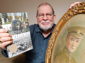 Luke Hendry/The Intelligencer
Author Orland French holds a copy of his new book, Letters to Vimy, and a wartime portrait of his uncle, Oscar French, at his home in Belleville Tuesday. The book contains the soldier's letters and, to provide insight and context, his nephew's replies nearly 100 years later.