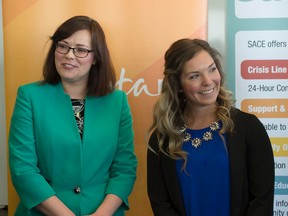 Alberta Minister of Justice Kathleen Ganley, with Elizabeth Halpin, a survivor of sexual violence, announces Bill 2, which ends the time limit for lawsuits around sexual or domestic violence.